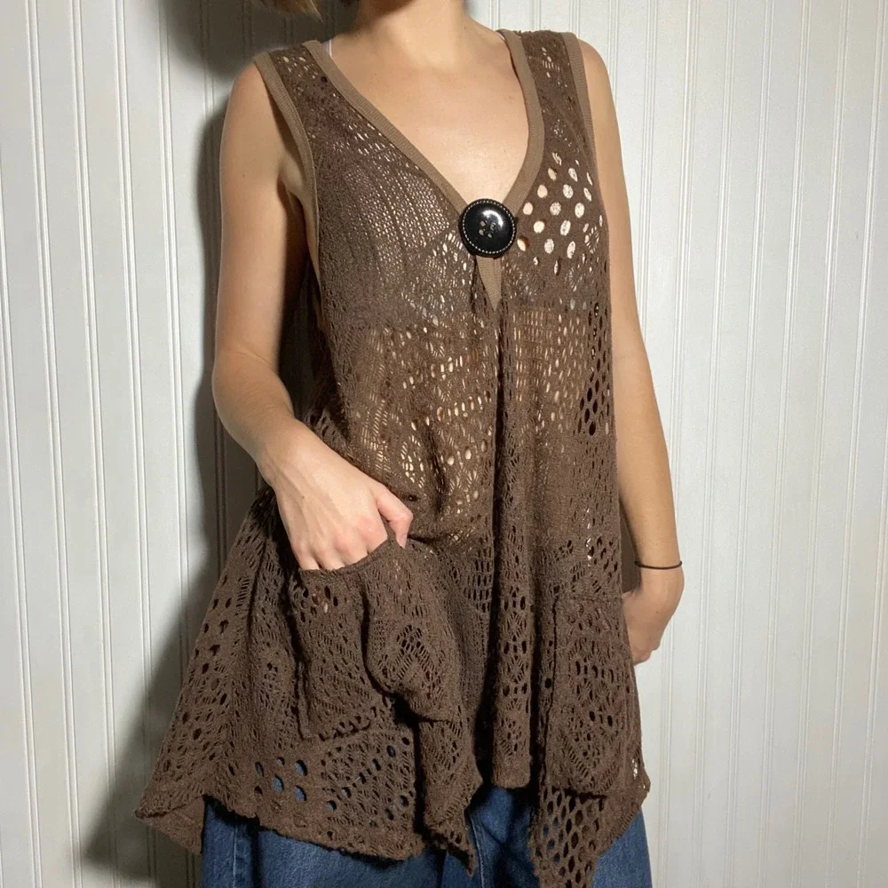 Lily by Firmiana Whimsigoth Brown Crochet Knit Vest Boho Longline Goblincore - L